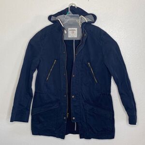 FOSSIL Men’s FullZip/ Snap Button Hooded Thick Cotton Navy Blue Jacket Size L